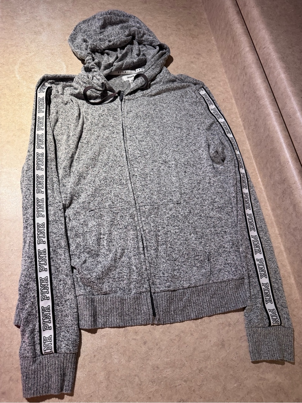 PINK Victoria's Secret Woman’s Heather Gray Full-Zip Hoodie with Logo Tape